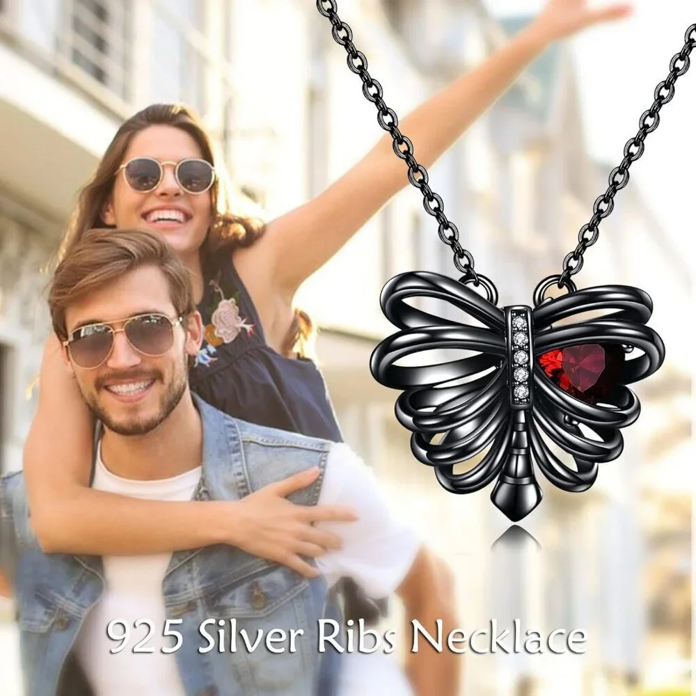 Sterling Silver Skull Necklace Gothic Rib Heart Pendant Gift for Women